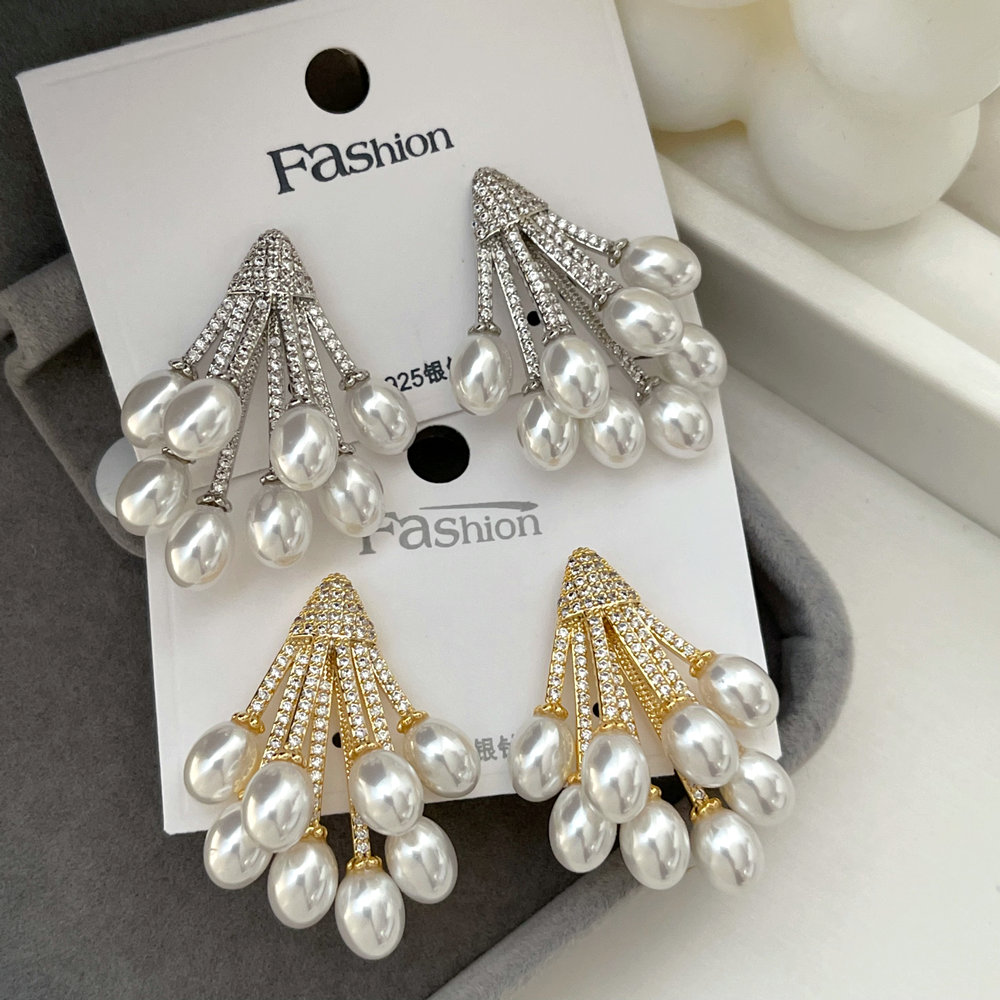 Pave zircon pearl fan earrings