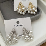 Pave zircon pearl fan earrings