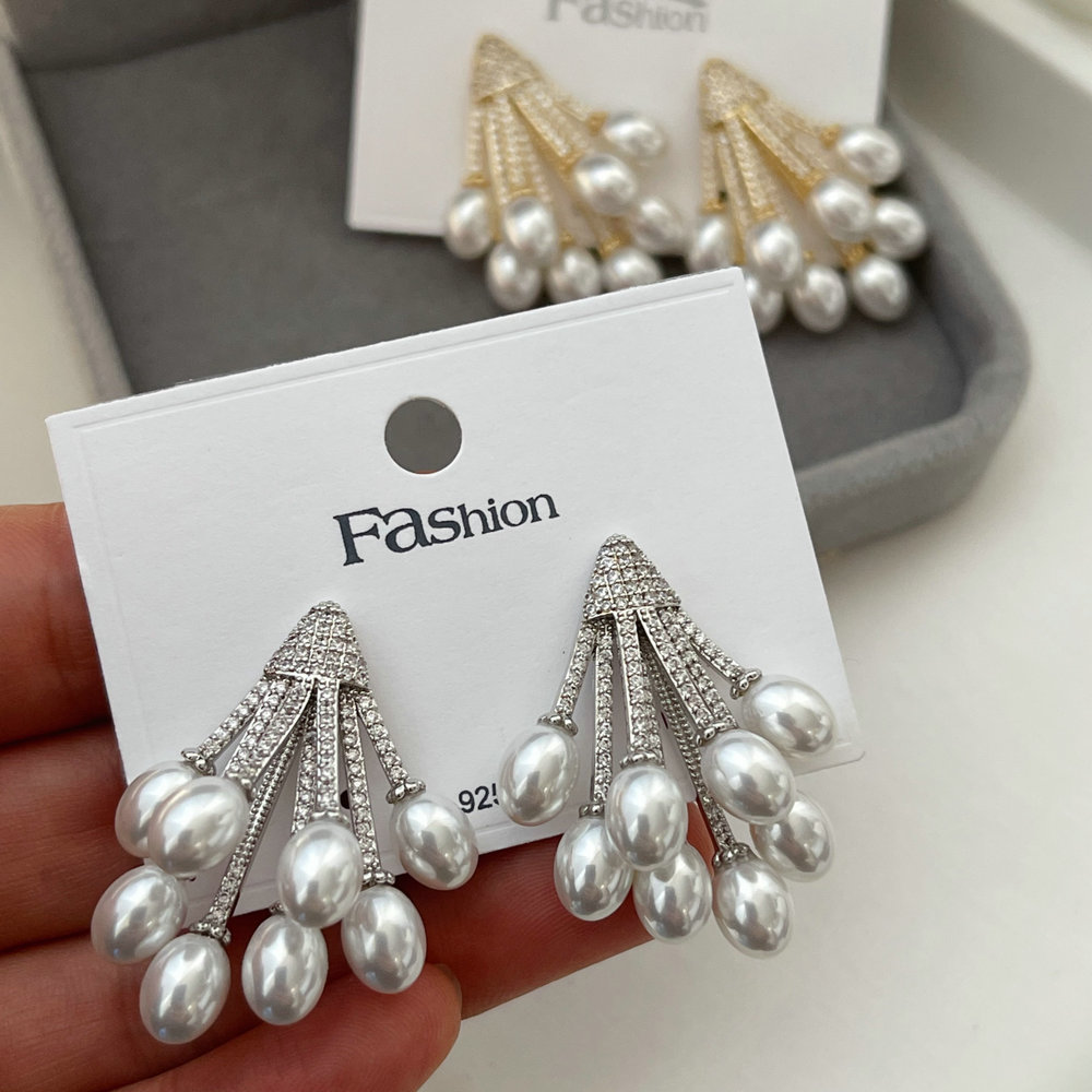 Pave zircon pearl fan earrings