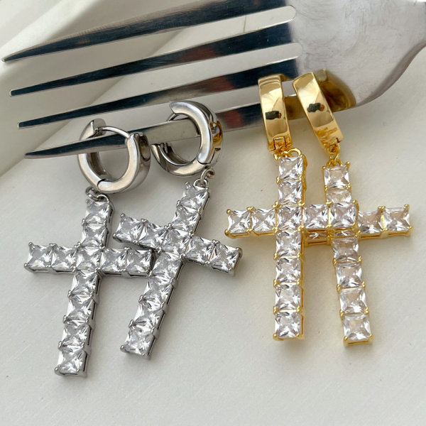 Pave zircon cross pendant earrings