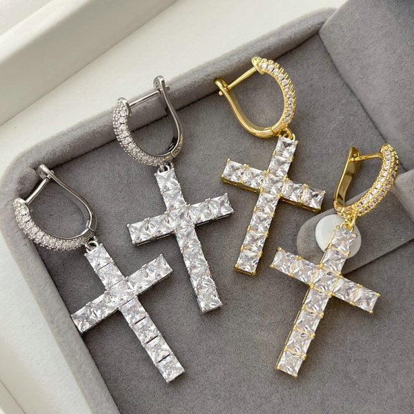 Pave zircon cross pendant earrings