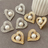 Pave zircon heart pearl earrings