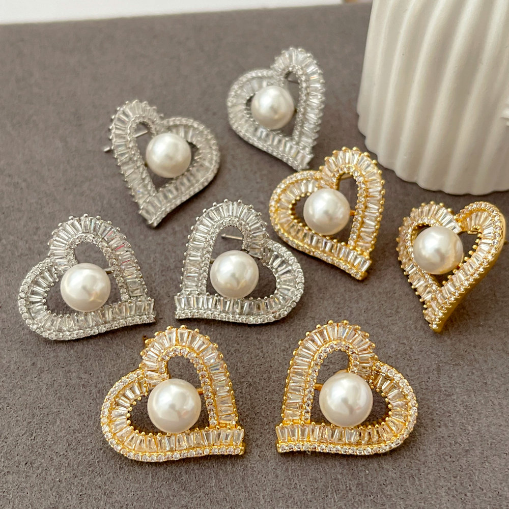 Pave zircon heart pearl earrings