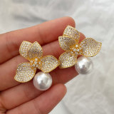 Pave zircon pearl flower earrings
