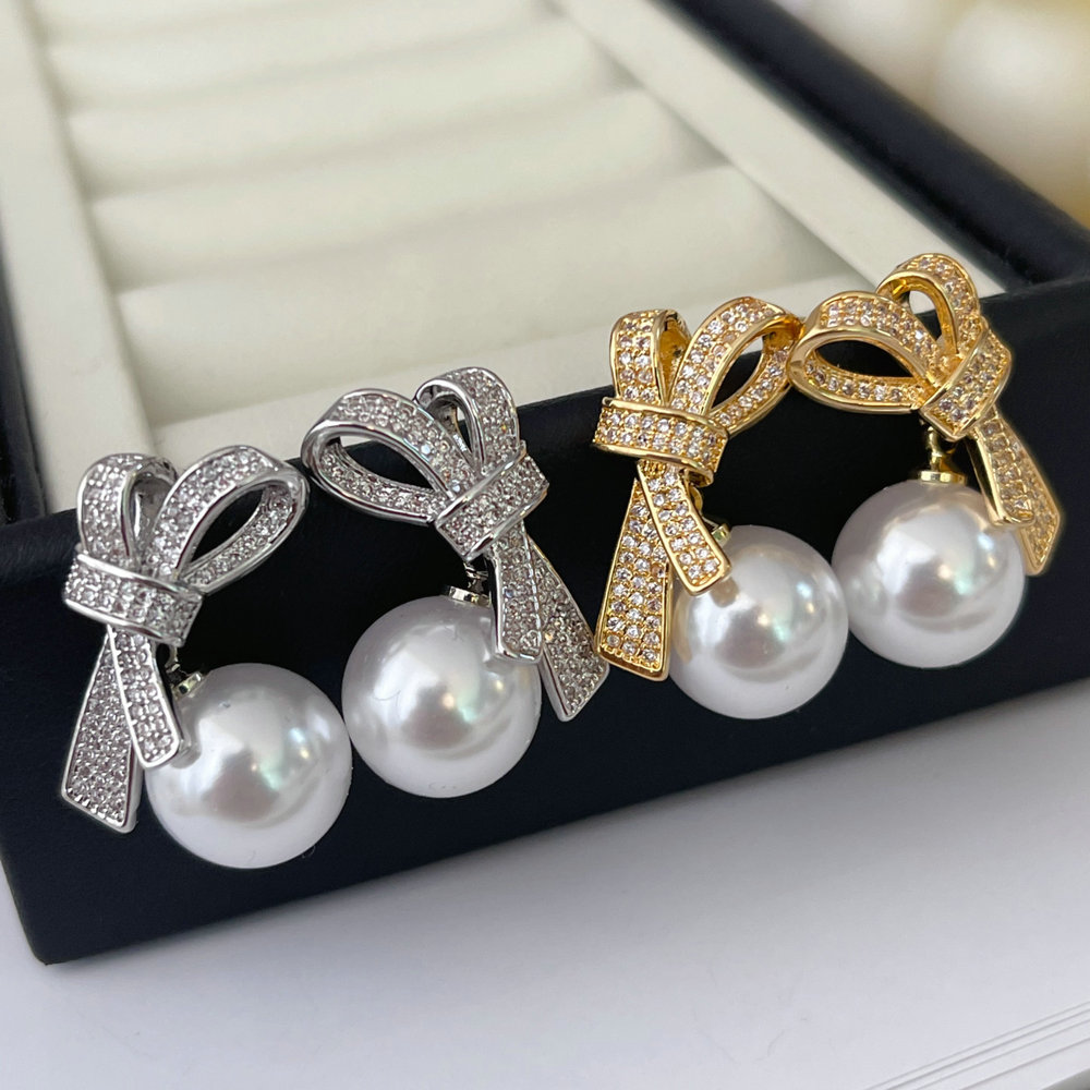 Pave zircon bow pearl earrings