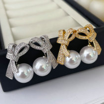 Pave zircon bow pearl earrings