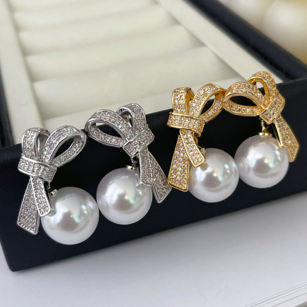 Pave zircon bow pearl earrings