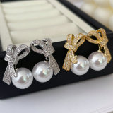 Pave zircon bow pearl earrings