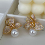 Pave zircon pearl flower earrings
