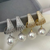 Pave zircon fan pearl earrings