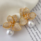 Pave zircon pearl flower earrings