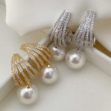 Pave zircon fan pearl earrings