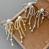 Pave zircon bow pearle earrings