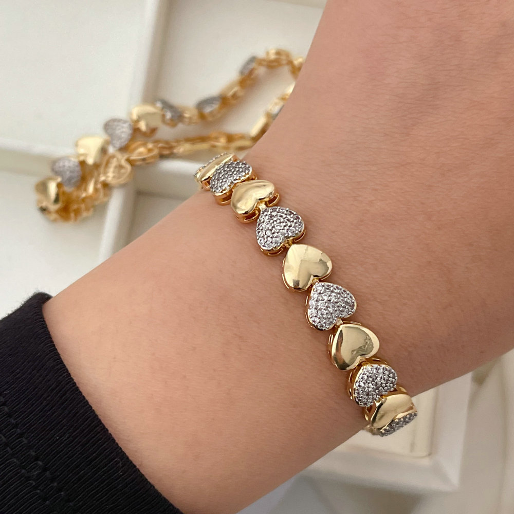 Pave zircon two tone heart bracelet