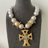 Chunky glass pearl cross pendant necklace
