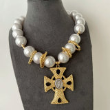 Chunky glass pearl cross pendant necklace