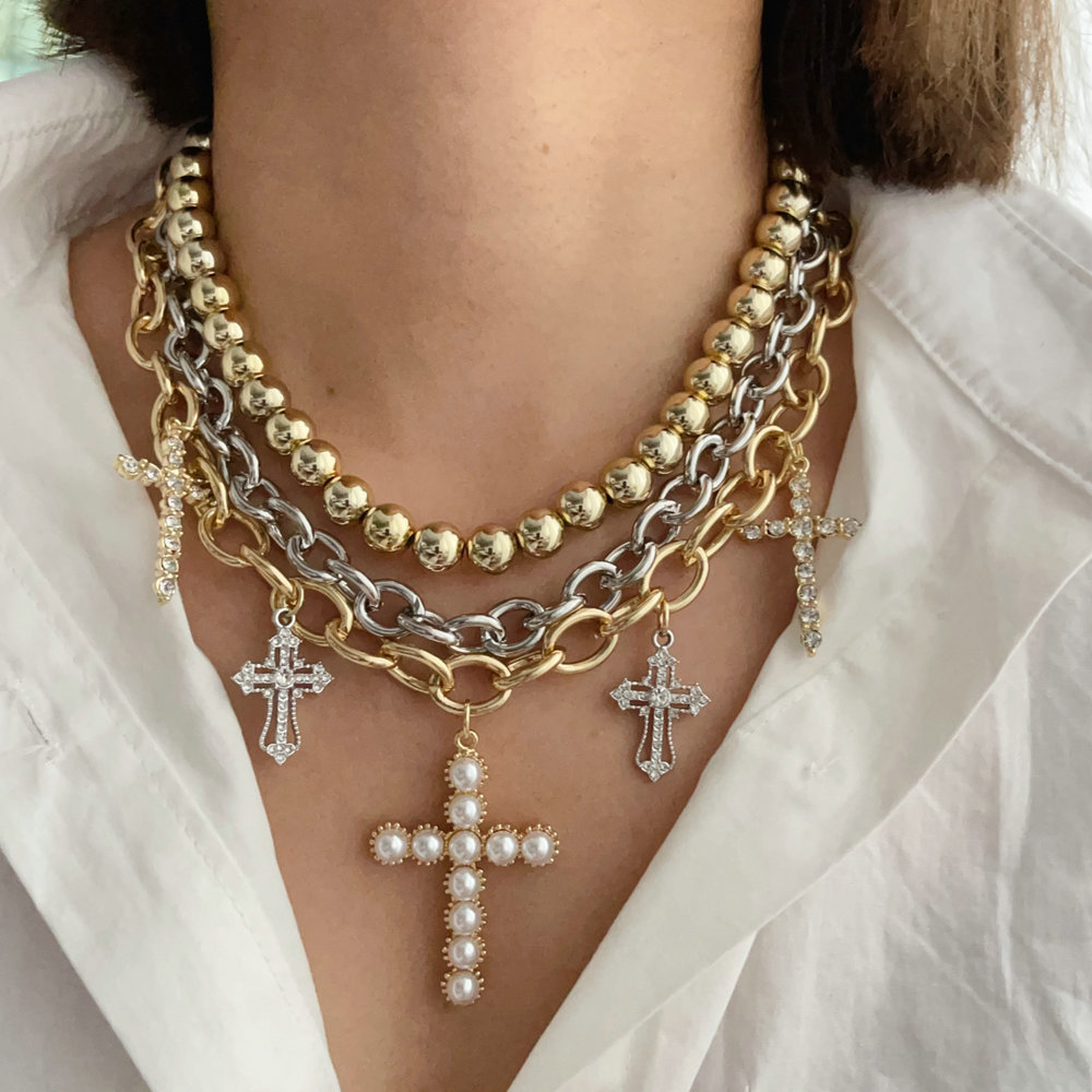 layer bead cross necklace