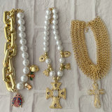 Chunky necklace with ladybug charm cross pendant