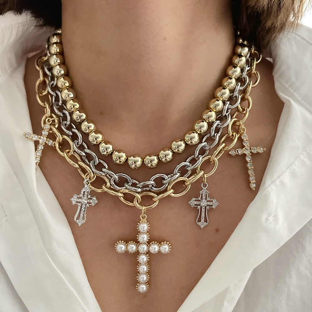layer bead cross necklace