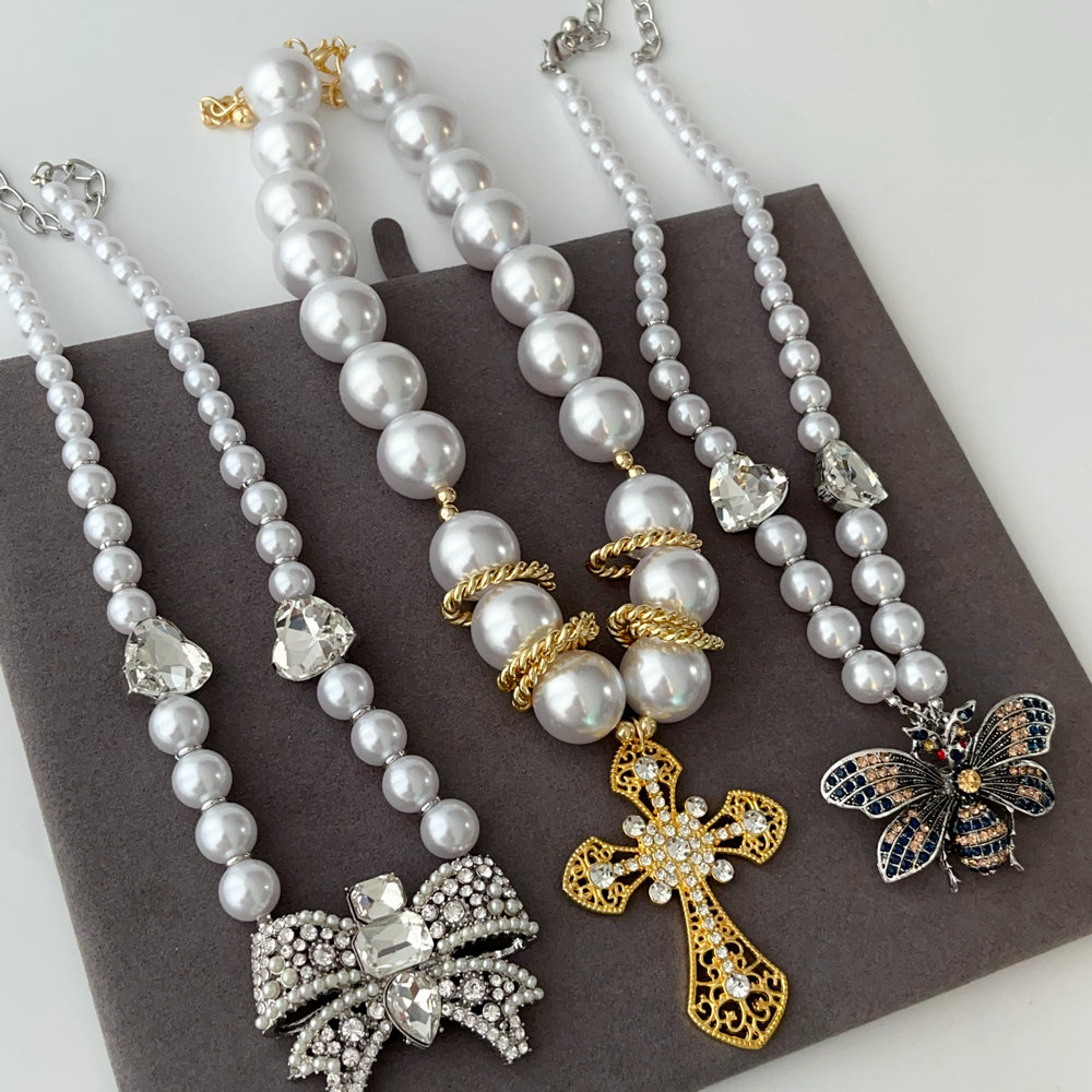 Bow necklace  cross bead necklace