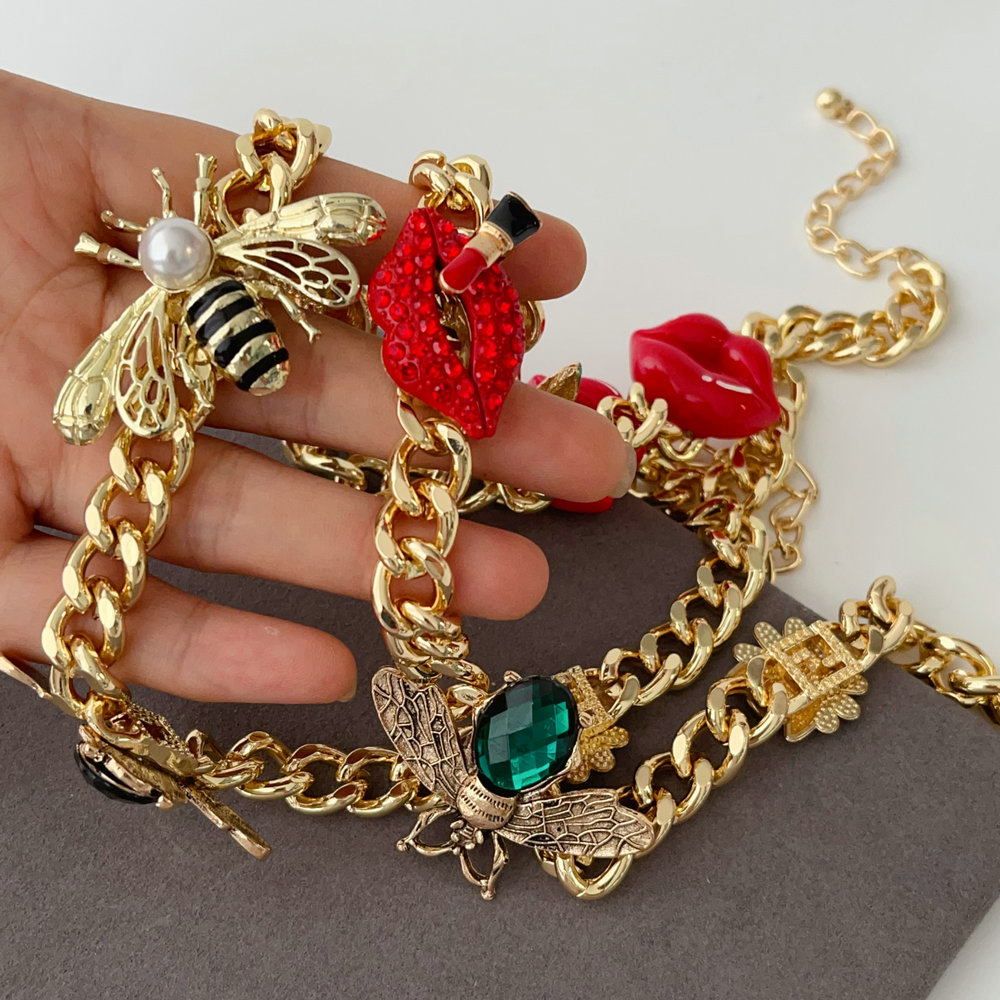 Cuban chain lip bee ladybug charm necklace
