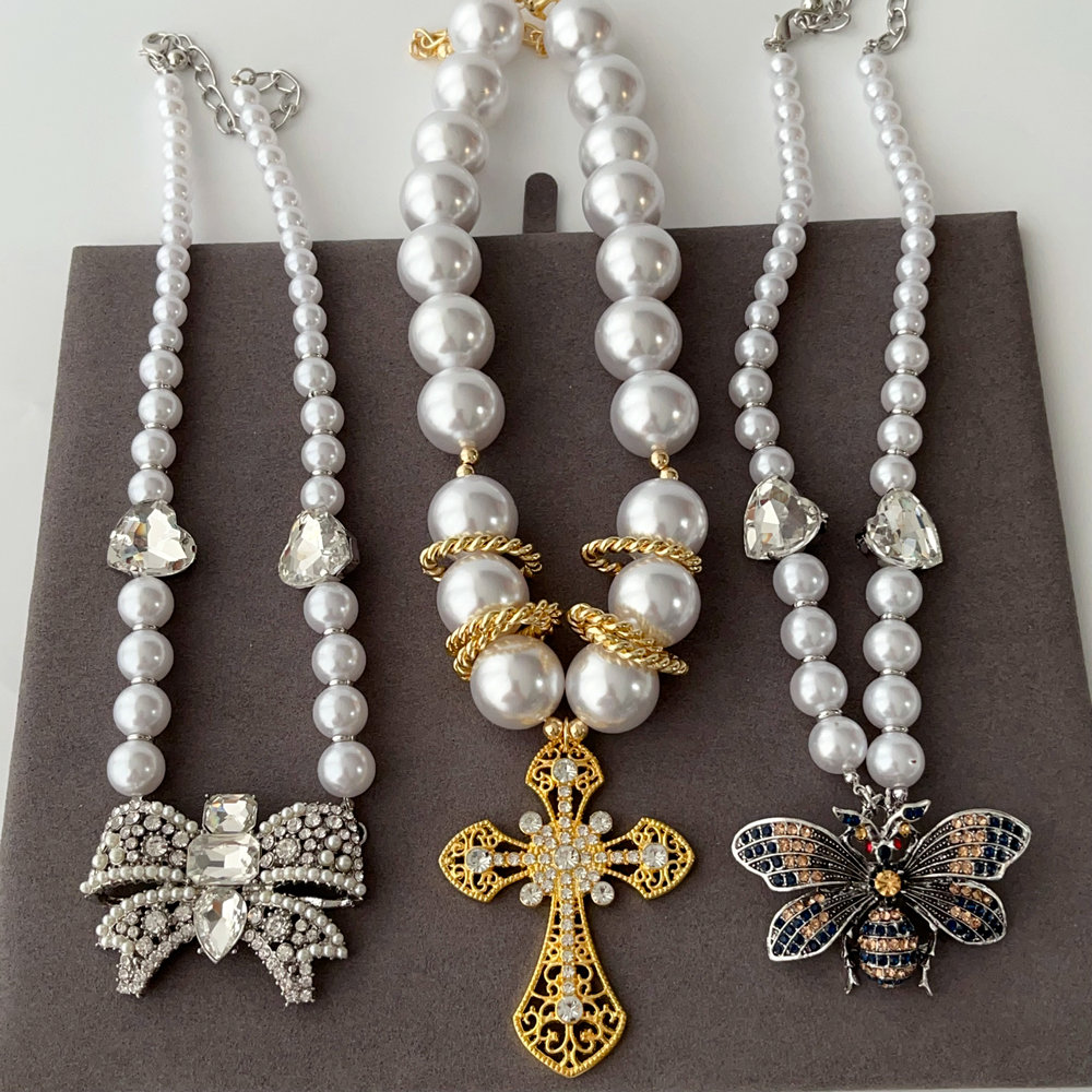 Bow necklace  cross bead necklace