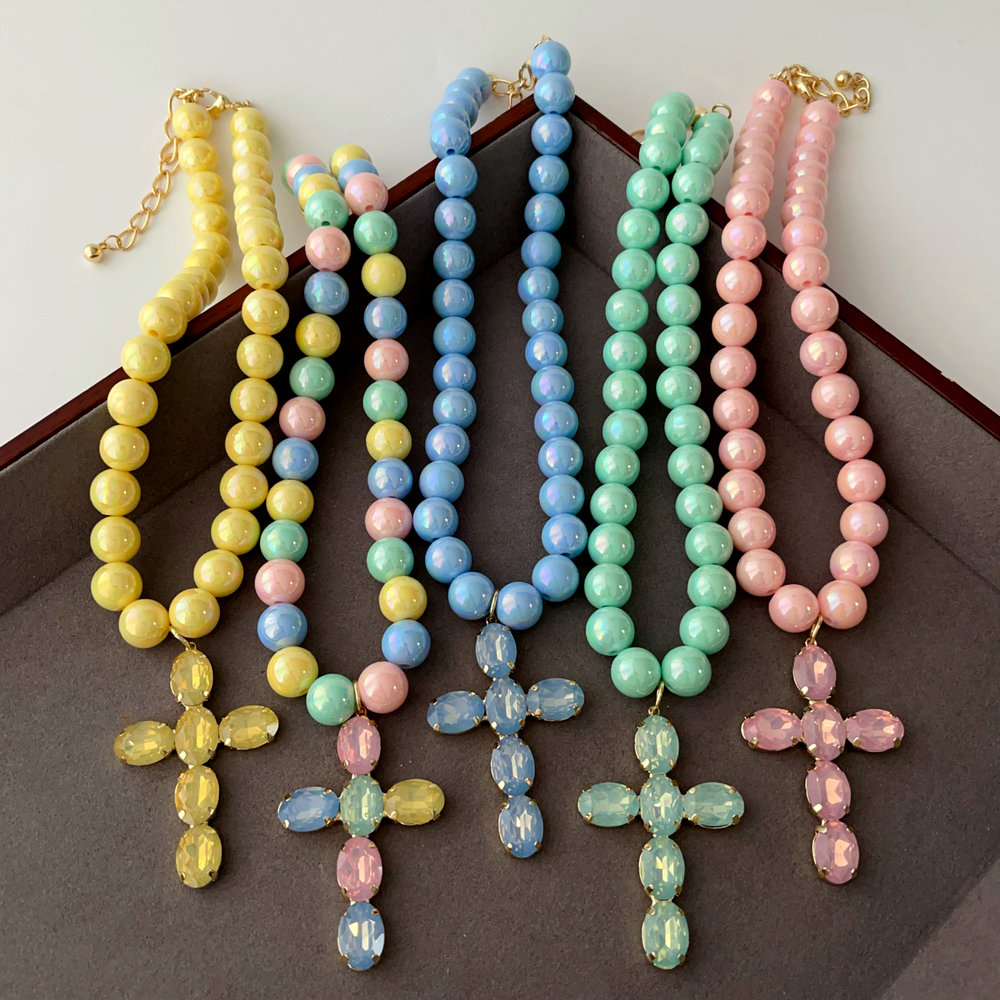 Colorful bead with crystal cross pendant