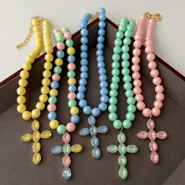 Colorful bead with crystal cross pendant