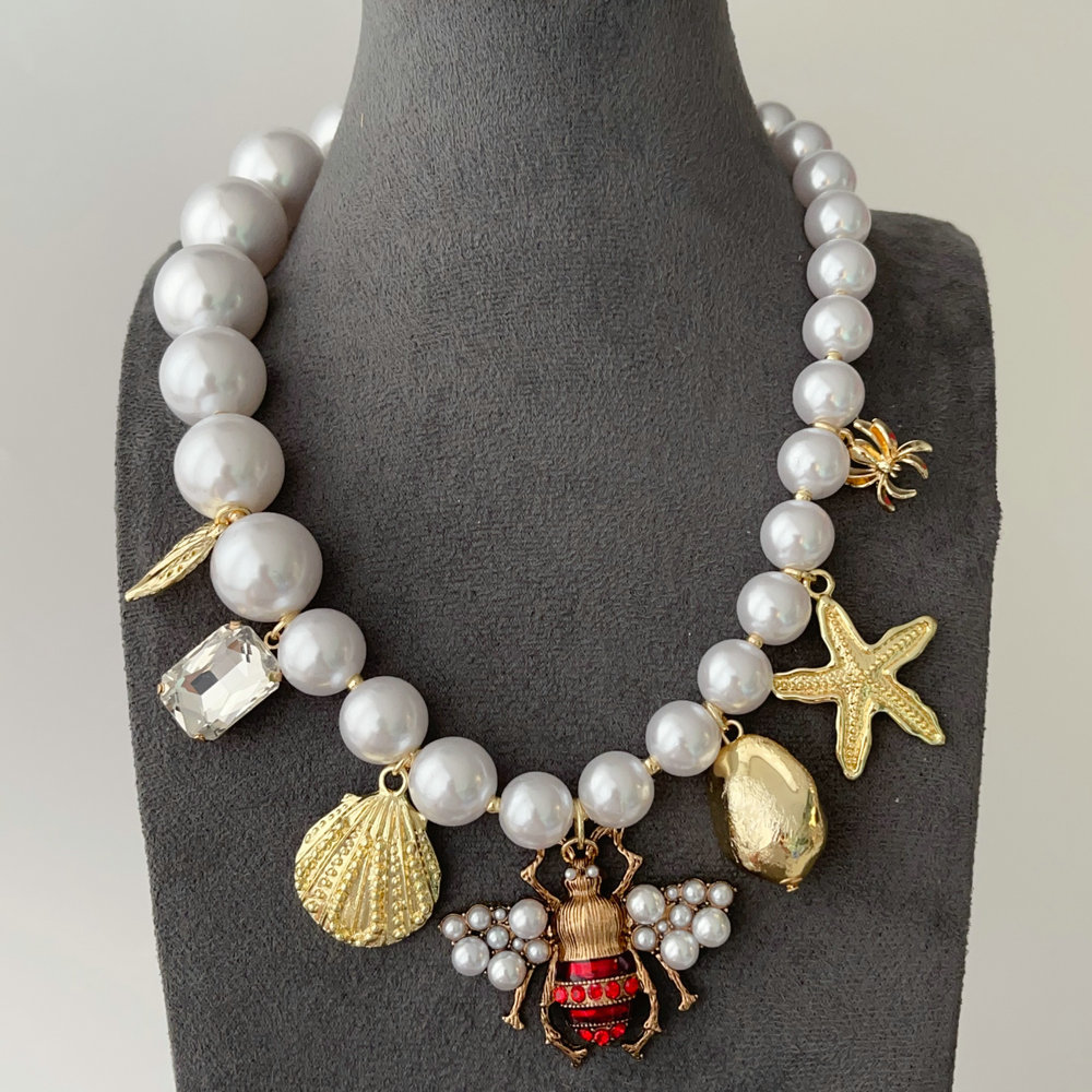 bee charm glass pearl necklace