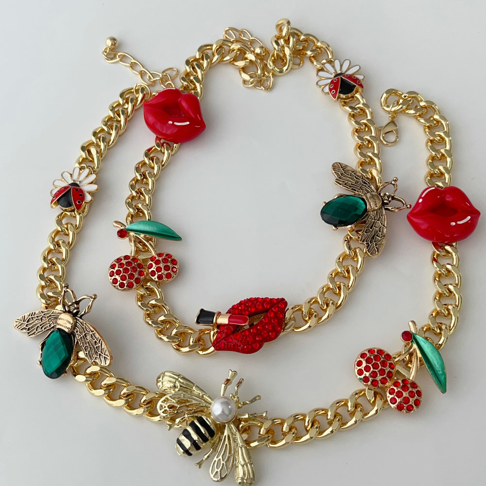 Cuban chain lip bee ladybug charm necklace