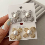 Pave zircon clover pearl earrings