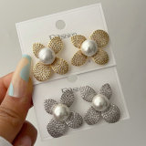 Pave zircon clover pearl earrings