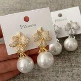 Pave zircon flower pearl earrings