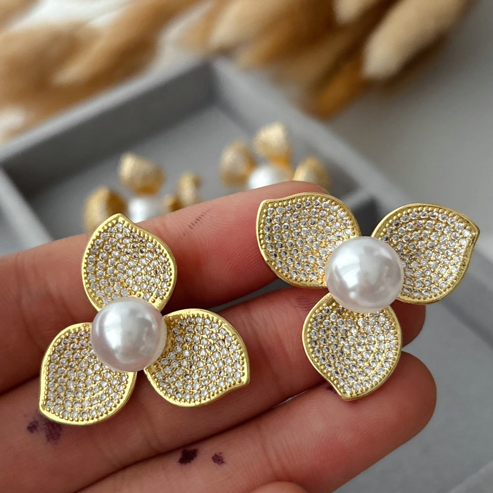 Pave zircon flower earrings