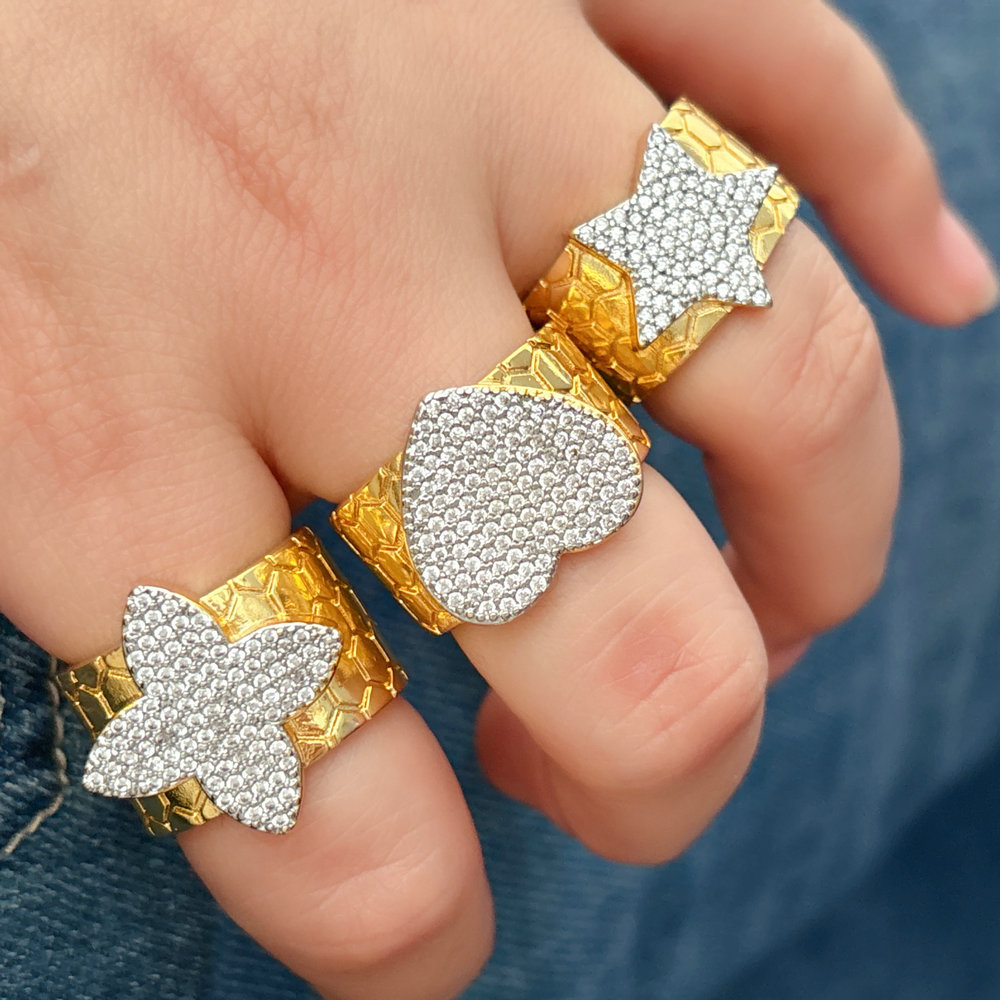 Pave zircon two tone star heart ring