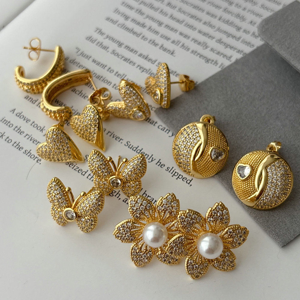 Pave zircon heart flower earrings