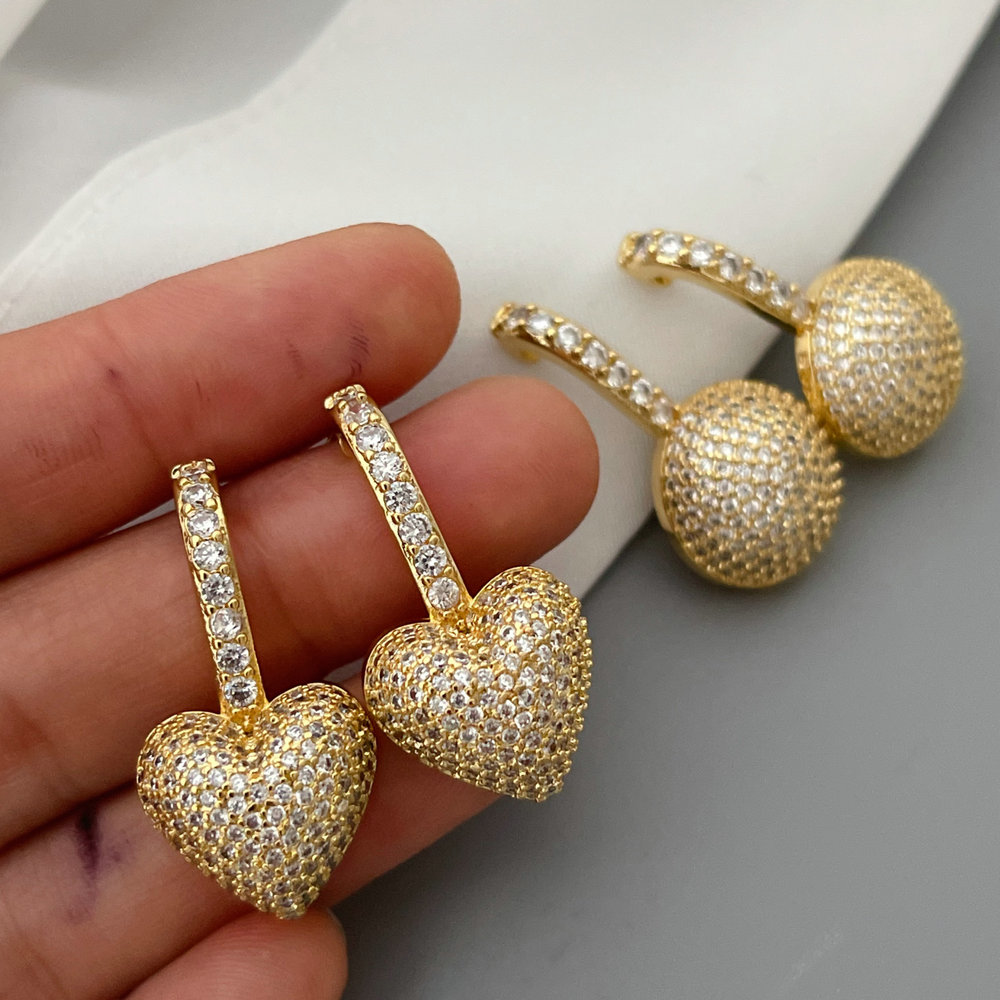 Pave zircon heart round earrings