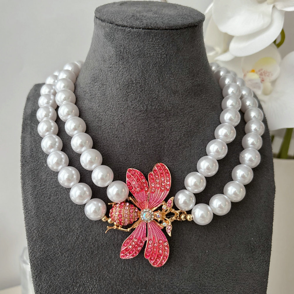 Butterfly charm glass pearl necklace
