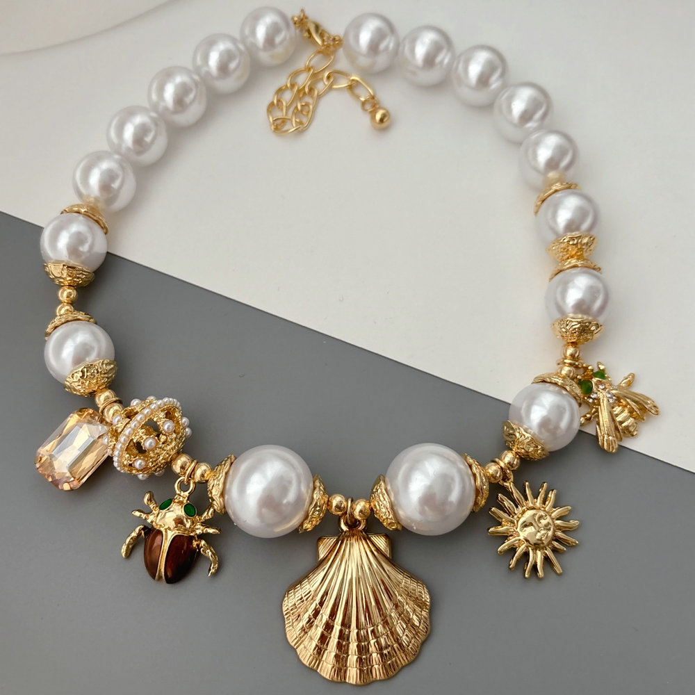 Glass pearl shell charm necklace