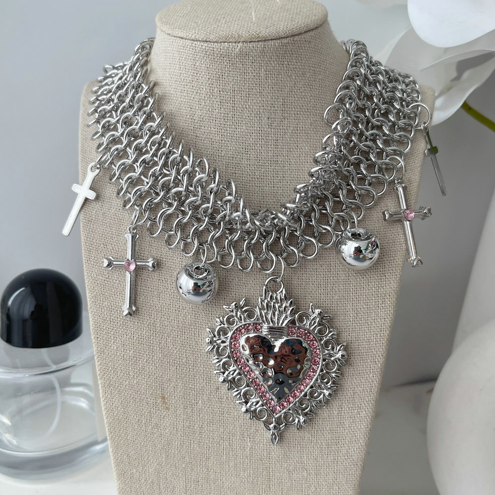 Chunky metal heart cross charm necklace