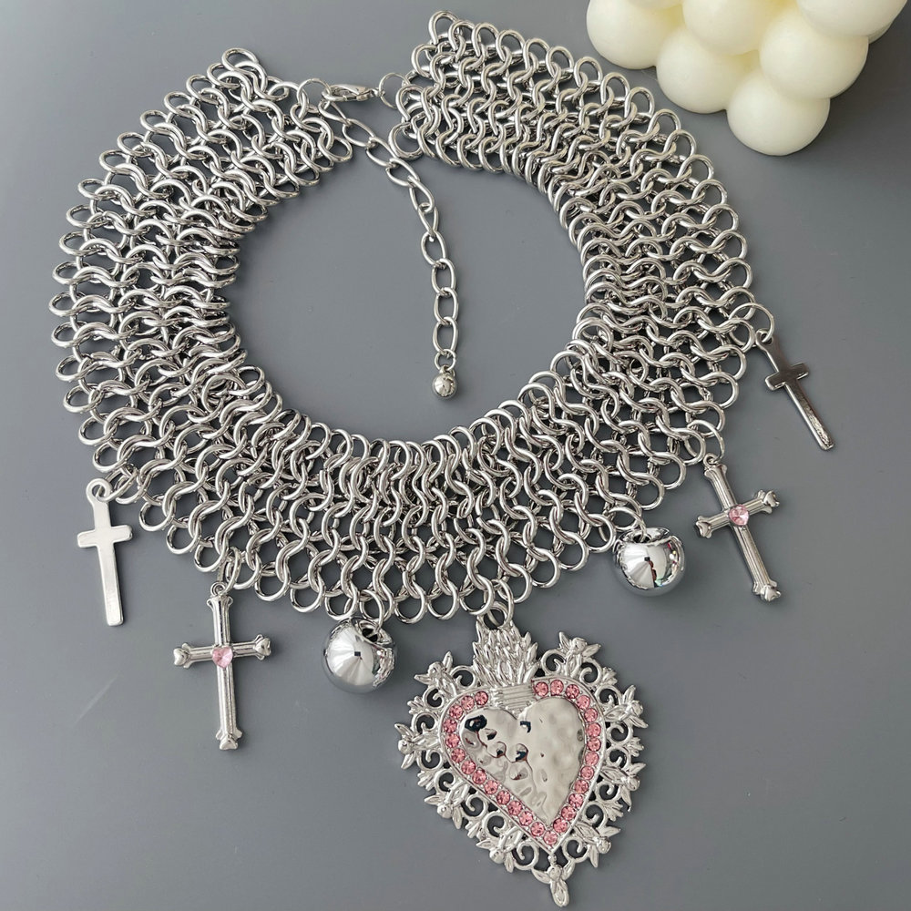Chunky metal heart cross charm necklace