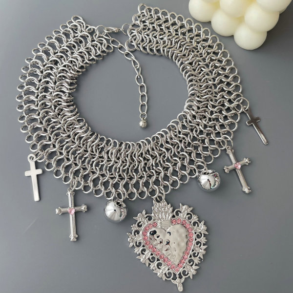 Chunky metal heart cross charm necklace