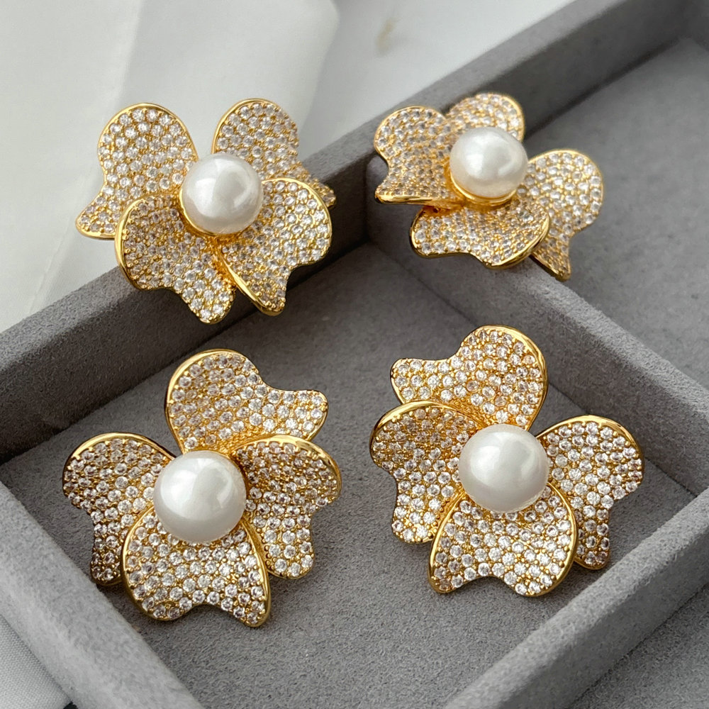 Pave zircon flower earrings