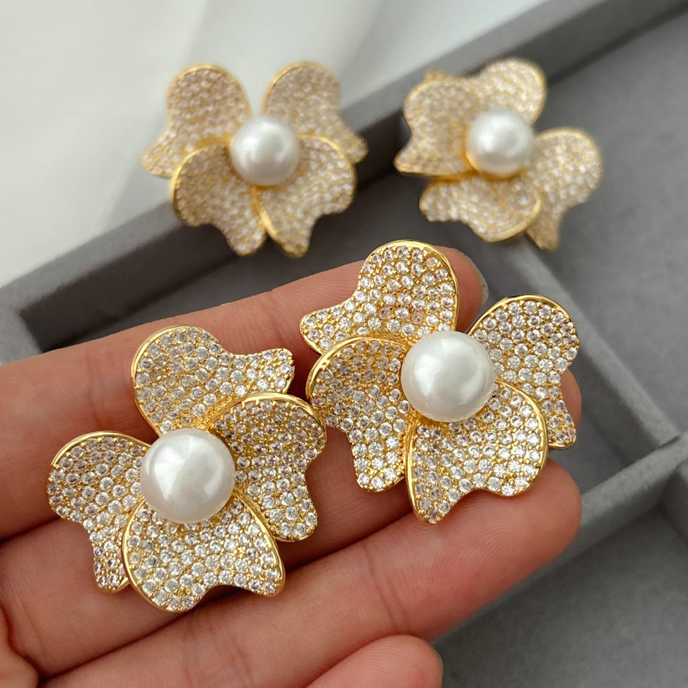 Pave zircon flower earrings