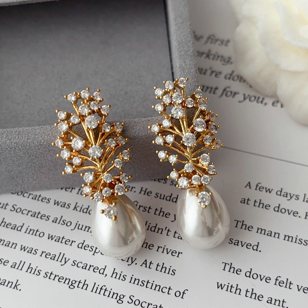 Pave leaf pearl earrings