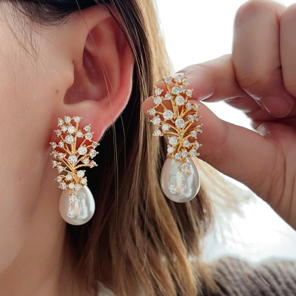 Pave leaf pearl earrings