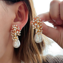 Pave leaf pearl earrings