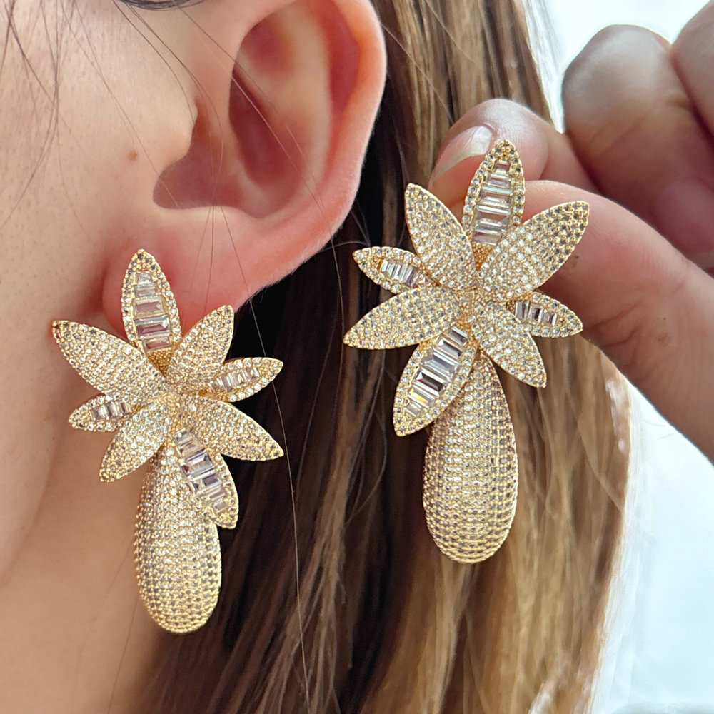 Pave zircon flower earrings