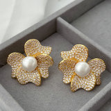 Pave zircon flower earrings