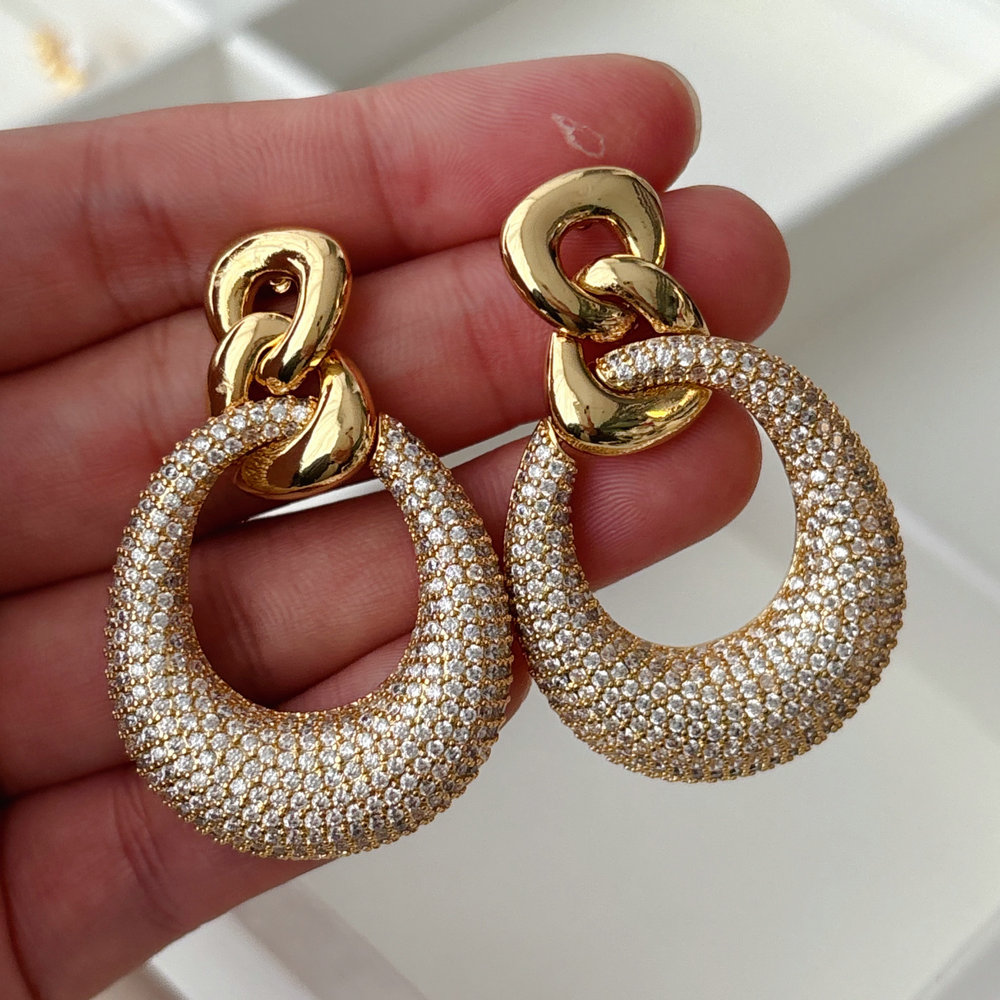 Pave zircon link chain earrings